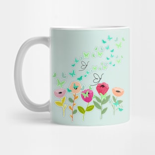 Butterflies fly around the colorful flowers Mug